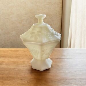 Anchor Hocking Milk Glass Grapes and Leaves Octagon Candy Dish with Lid